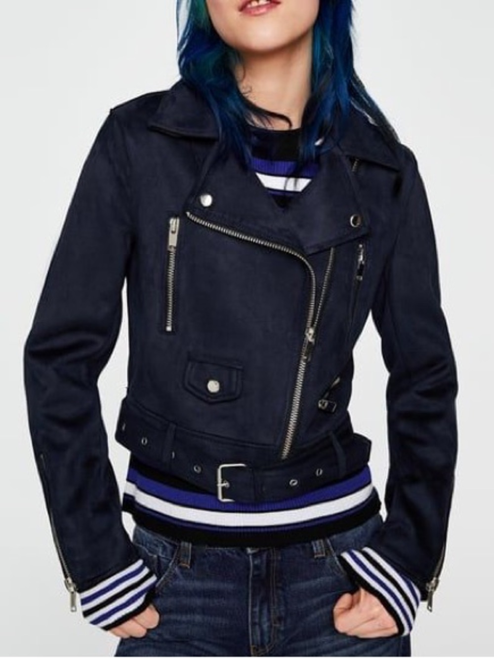 Zara Black Suede-Look Moto Jacket with Belt